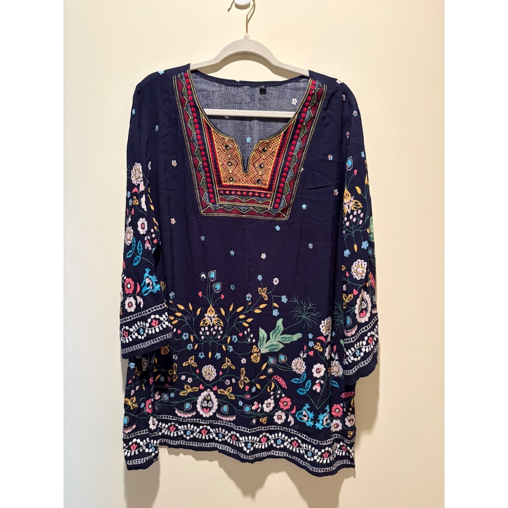 Boho Floral Embroidered Rhinestone Tunic Top Navy Blue Viscose 4XL